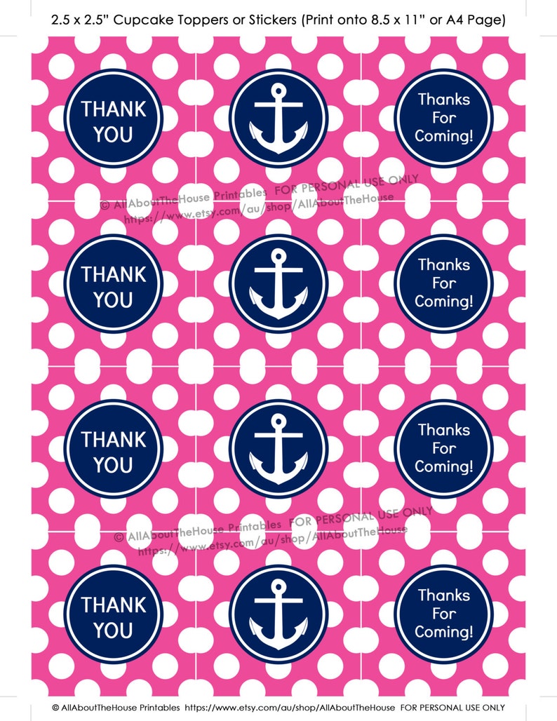 Cupcake topper, party printable, nautical, thank you, hang tag, sticker, label, girl, birthday, navy, pink, anchor, diy, instant download image 2