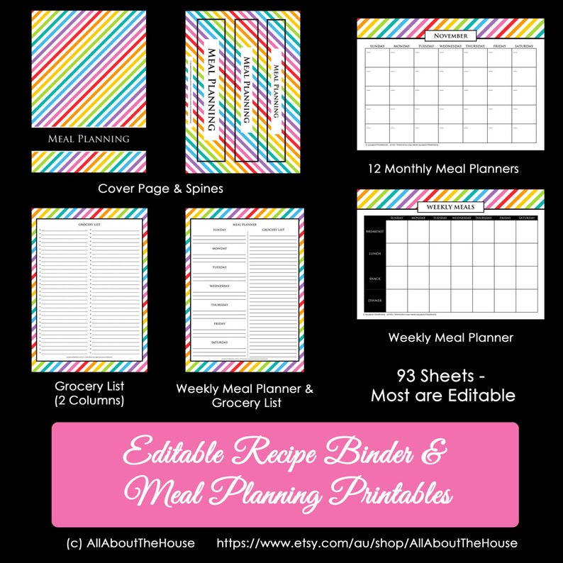 EDITABLE Recipe Binder Printables Meal Planning Recipe Sheet Recipe Card Weekly Meal Planner Month Recipe Divider Grocery List image 2