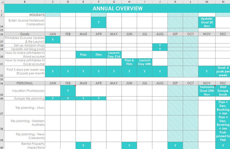 Annual overview spreadsheet Excel routine task goals google sheet template organize daily weekly monthly tasks cleaning chores blog business image 3
