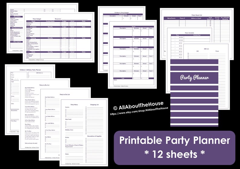 Printable Party Planner, birthday party, anniversary, event planner, direct sales, menu planner, party checklist, to do, budget, guest list image 1