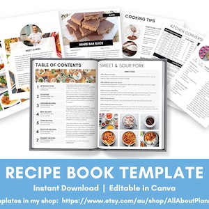 May include: A recipe book template with a blue background and the text "RECIPE BOOK TEMPLATE" in white. The text "Instant Download | Editable in Canva" is below the title. The text "More templates in my shop: https://www.etsy.com/au/shop/AllAboutPlannersShop" is below the previous text. The image shows a spread of the recipe book template with different sections, including "Dinner", "Meet Daniel", "Mars Bar Slice", "Table of Contents", "Cooking Tips", "Sweet & Sour Pork", "Kitchen Conversions", and "Classic Vanilla Cupcakes".
