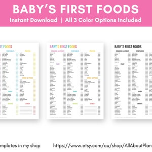 May include: Printable checklist for introducing baby's first foods. The checklist is divided into categories: common allergies, vegetables, fruit, herbs & spices, dairy, grains, and other. The checklist is available in three color options.