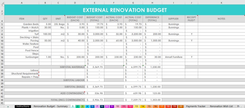 Home renovation budget spreadsheet organizer wish list contacts paint color tracker quotes excel google sheet diy building remodel tracker zdjęcie 7