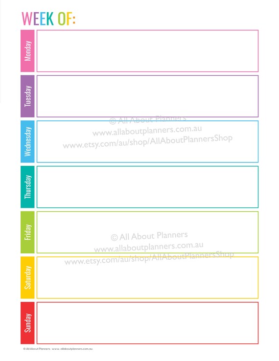 Weekly planner printable horizontal editable 1 page rainbow checklist ...