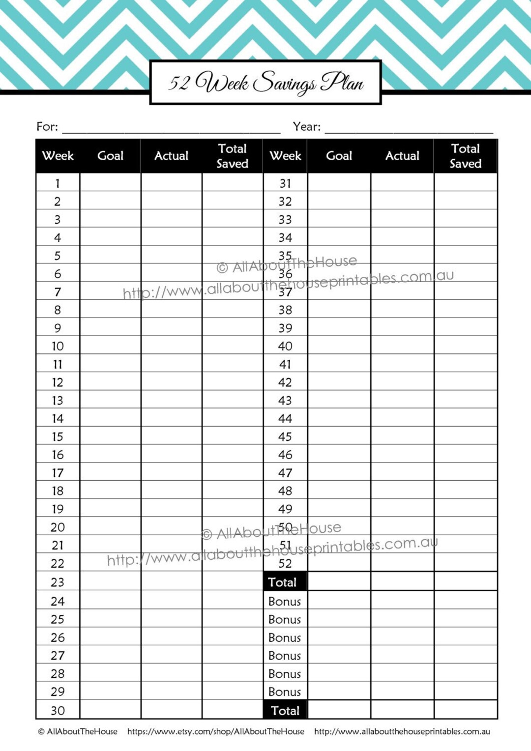 Printable Editable 52 Week Savings Tracker - Budget Binder Chevron ...