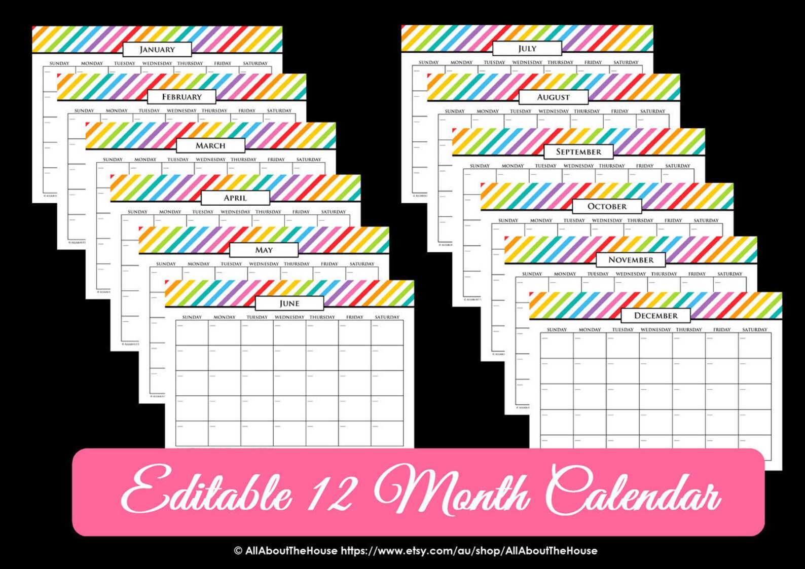EDITABLE Printable Calendar Perpetual Calendar Rainbow Calendar 2016 ...