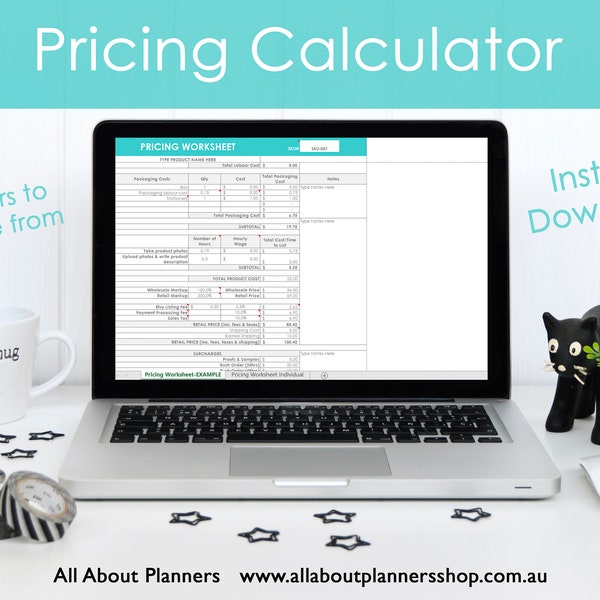 Pricing Calculator shop management Tool Etsy Sellers handmade product, cost of goods sold, COGS, worksheet spreadsheet excel file