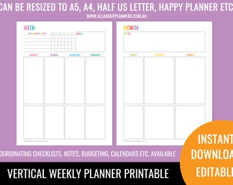 Weekly planner printable vertical editable 2 page rainbow undated unlined perpetual letter size can resize to A5 or happy planner mambi