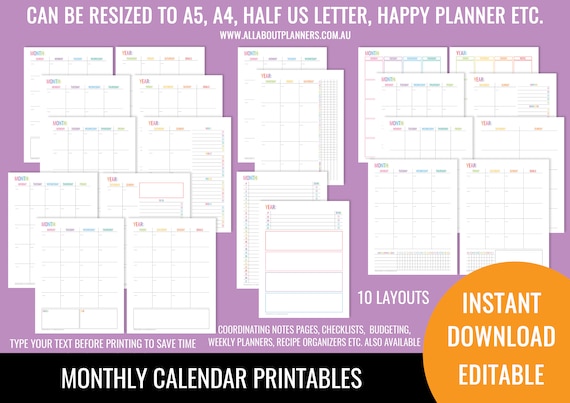 Monthly calendar printable 2 pages editable fillable pdf goals tasks ...