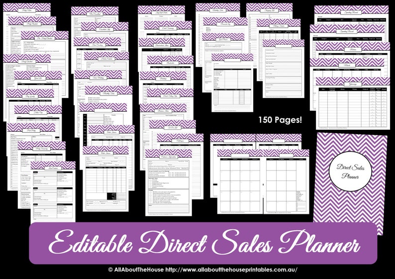 May include: Editable direct sales planner with 150 pages. The planner has a purple and white chevron pattern and includes pages for tracking sales, customers, and appointments.
