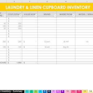 May include: A spreadsheet inventory list for a laundry and linen cupboard. The spreadsheet includes columns for item, date purchased, quantity, cost per item, cost total, value now, brand, where from, model/serial number, warranty years, receipt filed, and notes. The spreadsheet lists items such as a washing machine, single bed sheets, queen bed sheets, ironing board, beach gear, vacuum cleaner, and steam mop.
