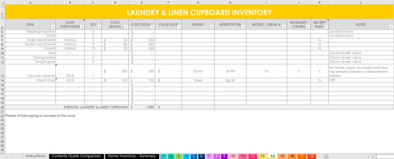 May include: A spreadsheet inventory list for a laundry and linen cupboard. The spreadsheet includes columns for item, date purchased, quantity, cost per item, cost total, value now, brand, where from, model/serial number, warranty years, receipt filed, and notes. The spreadsheet lists items such as a washing machine, single bed sheets, queen bed sheets, ironing board, beach gear, vacuum cleaner, and steam mop.