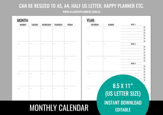 Editable printable monthly calendar planner insert refill goals monday ...