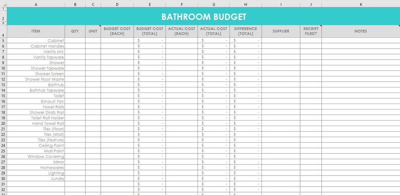 Bathroom renovation budget spreadsheet organizer ensuite wish list budget per item excel google sheet home diy building supplier remodelling image 3