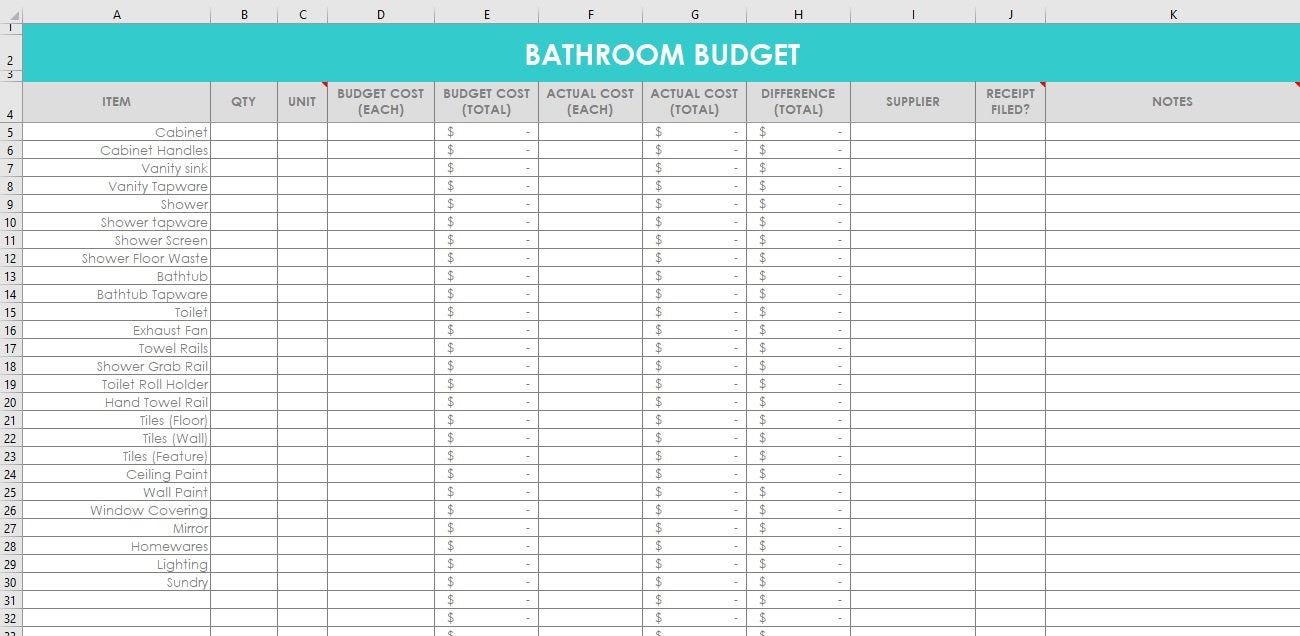 Bathroom Renovation Budget Spreadsheet Organizer Ensuite Wish Etsy Canada