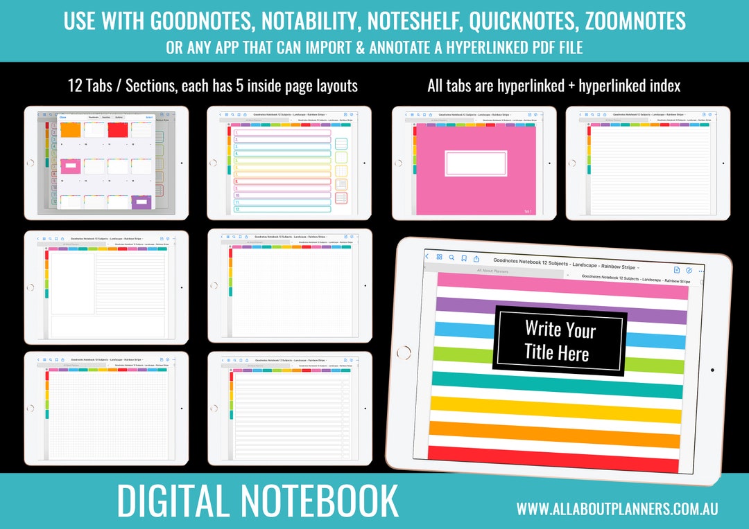 Goodnotes Digital Notebook 12 Subject Tabs Hyperlinked Rainbow Dot Grid