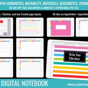 May include: A digital notebook with 12 tabs, each with 5 different page layouts. The notebook is displayed on a tablet screen and features a rainbow color scheme. The text "Write Your Title Here" is displayed on one of the pages. The text "DIGITAL NOTEBOOK" is displayed at the bottom of the image. The text "WWW.ALLABOUTPLANNERS.COM.AU" is displayed at the bottom of the image.