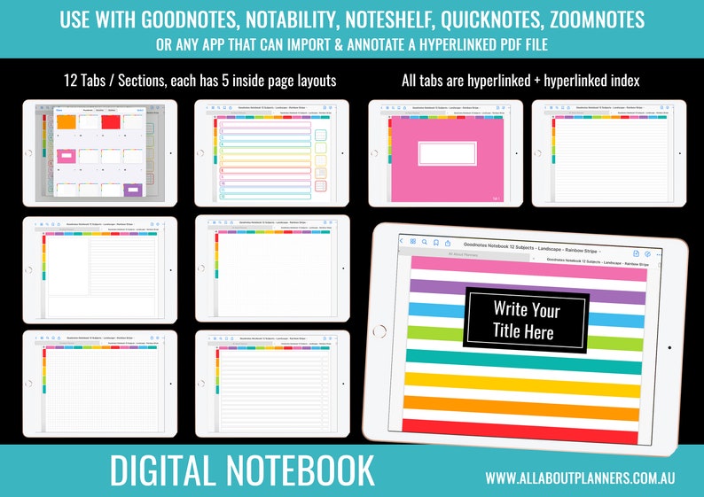 Goodnotes digital notebook 12 subject tabs hyperlinked rainbow dot grid lined cornell notes checklist page templates instant download image 1