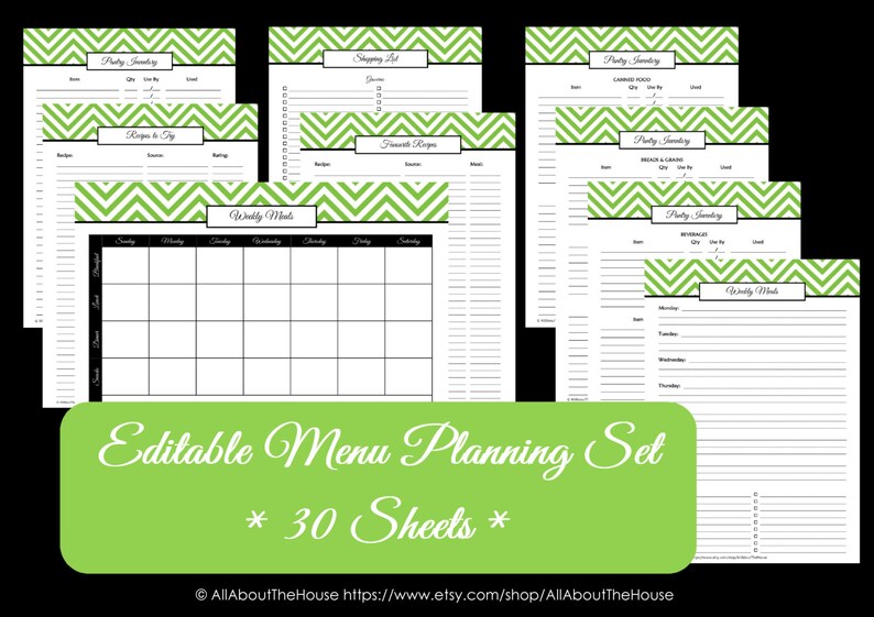 GREEN EDITABLE Menu Planner Printables Meal Planning Organisation Household Binder Chevron Planner Printables pdf INSTANT Dl image 3