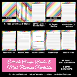 EDITABLE Recipe Binder Printables - Meal Planning - Recipe Sheet - Recipe Card - Weekly Meal Planner - Month - Recipe Divider - Grocery List