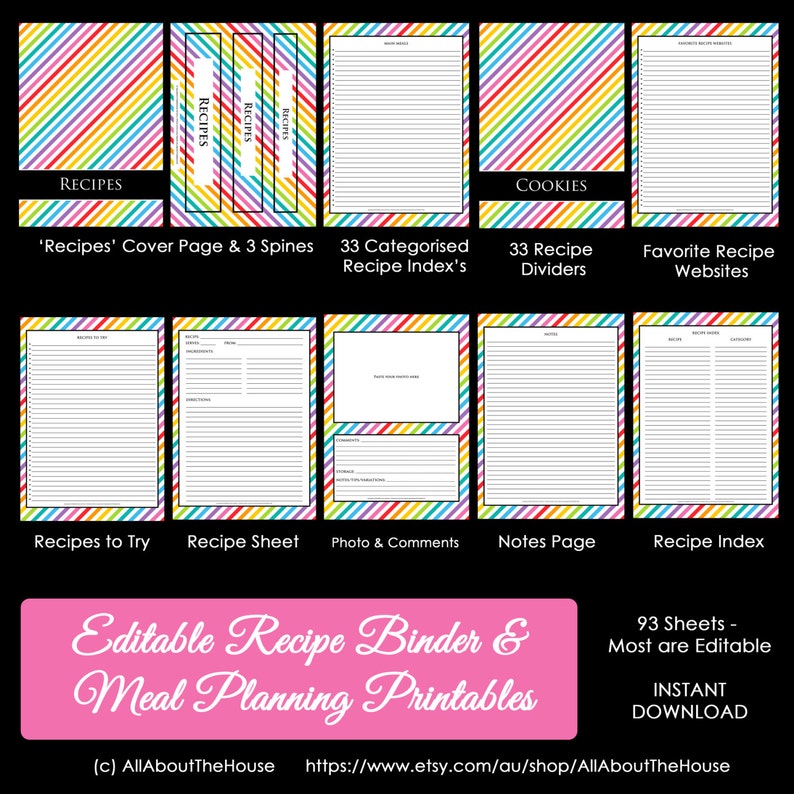 EDITABLE Recipe Binder Printables Meal Planning Recipe Sheet Recipe Card Weekly Meal Planner Month Recipe Divider Grocery List image 1
