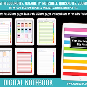 May include: Digital notebook with 8 colorful tabs, each with 25 lined pages. The notebook is designed for use with note-taking apps like Goodnotes, Notability, Noteshelf, Quicknotes, and Zoomnotes. The cover features a colorful striped design with the text "Write Your Notebook Title Here".