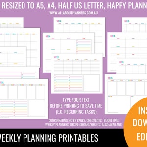Weekly planner printable 1 page landscape spread insert editable refill to do checklist rainbow US letter size resize a5 half junior image 1