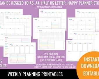 Weekly planner printable 1 page landscape spread insert editable refill to do checklist rainbow US letter size resize a5 half junior