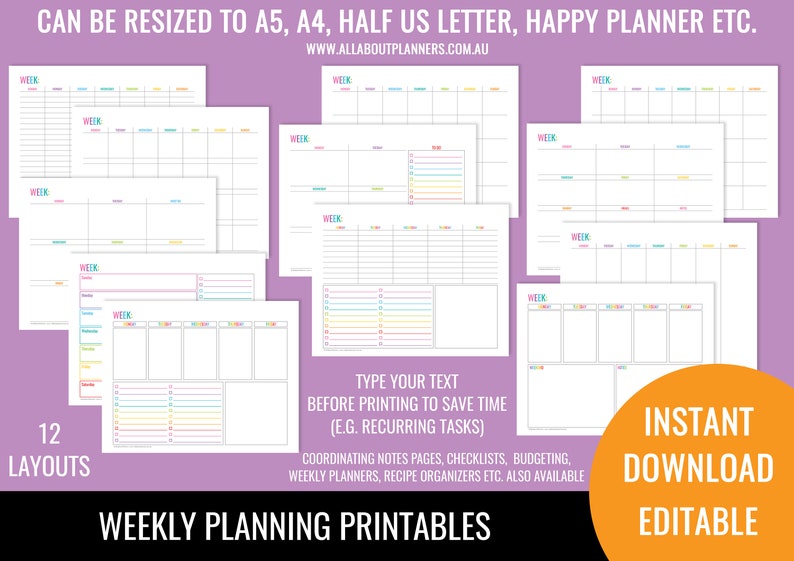 Weekly planner printable 1 page landscape spread insert editable refill to do checklist rainbow US letter size resize a5 half junior image 1