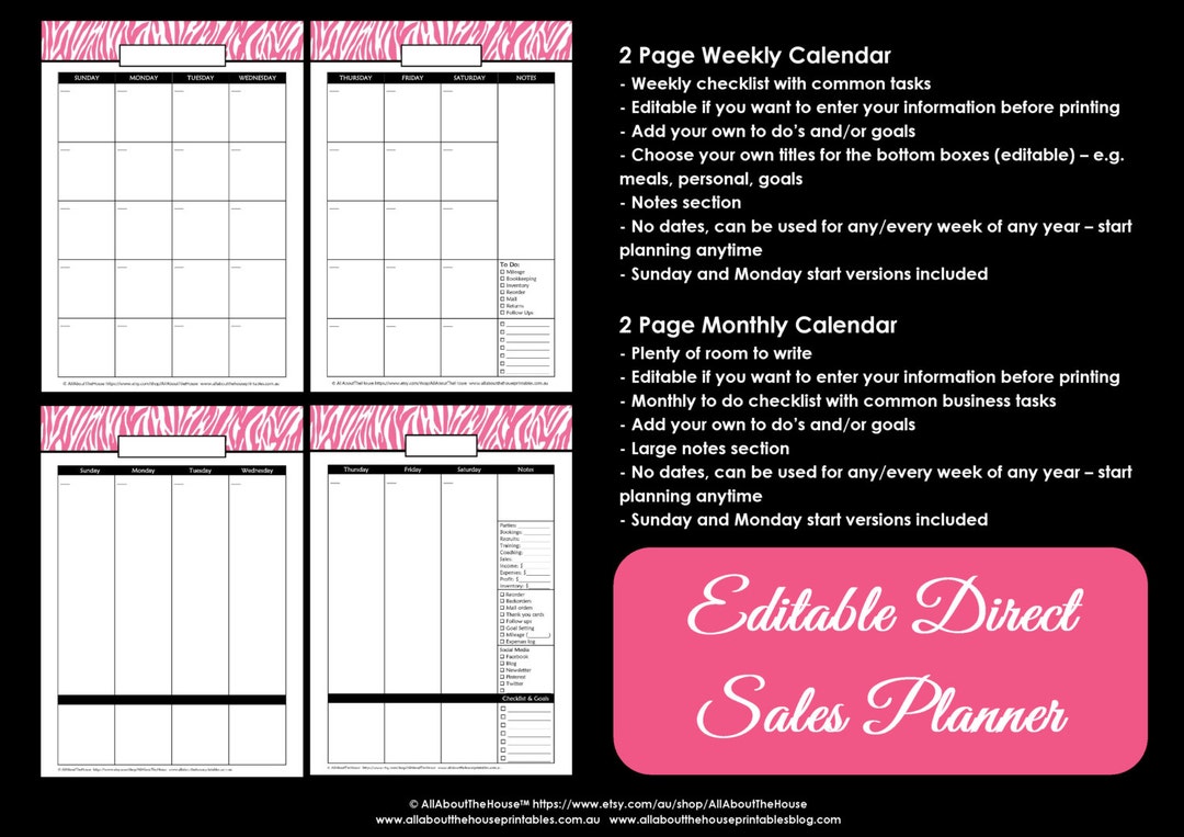 Direct Sales Calendar and Weekly Planner Printable Pink Zebra Perpetual ...