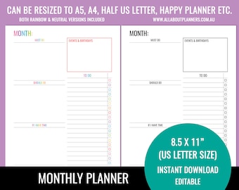 Monthly tasks planner printable must do should do if I have time checklist to do editable fillable template insert US letter size resize a5