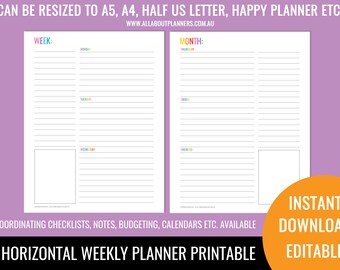 Weekly planner printable horizontal editable 1 page rainbow checklist cleaning shopping letter size can resize to A5 or happy planner mambi