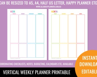 Weekly planner printable vertical editable 2 page rainbow undated unlined perpetual letter size can resize to A5 or happy planner mambi