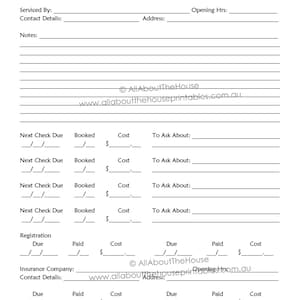 May include: A black and white printable car maintenance checklist with green and white chevron pattern at the top. The checklist includes sections for service details, next check due, registration, insurance, and car essentials.