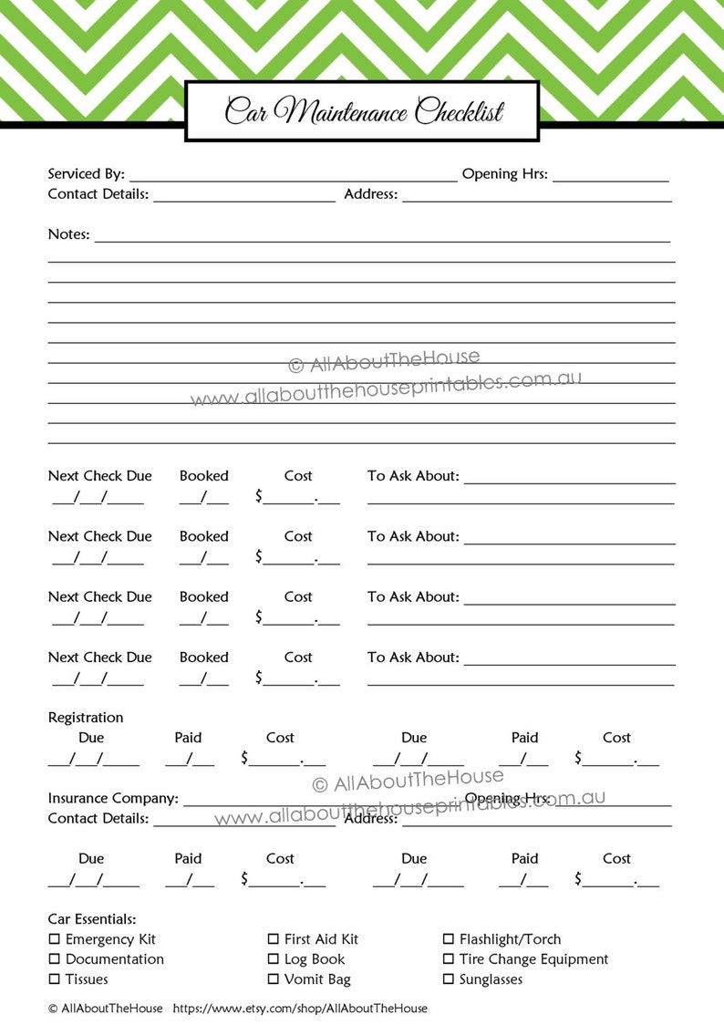 May include: A black and white printable car maintenance checklist with green and white chevron pattern at the top. The checklist includes sections for service details, next check due, registration, insurance, and car essentials.