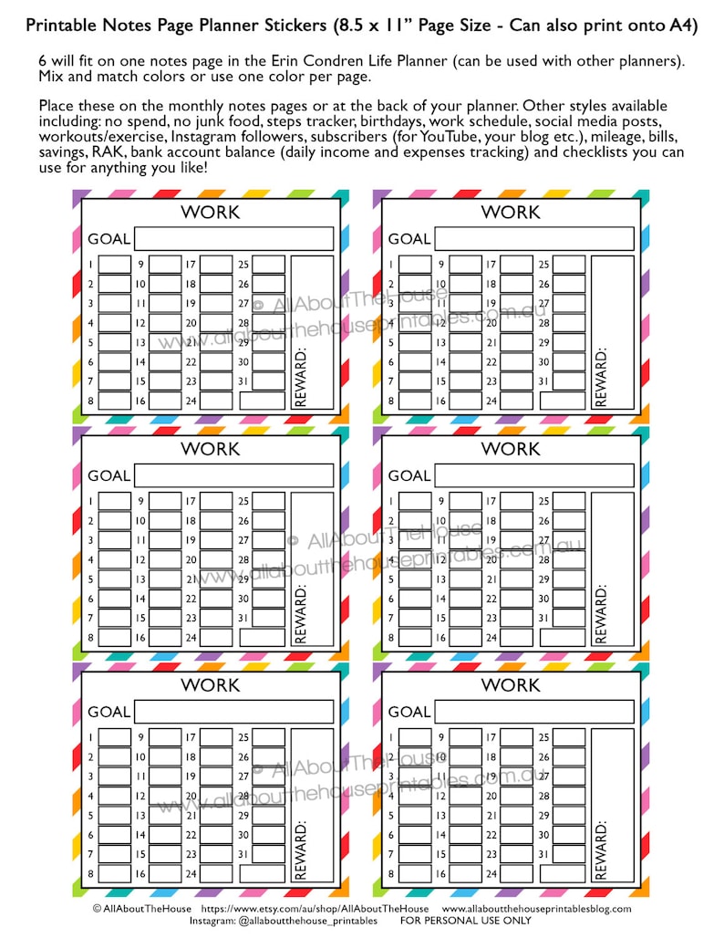 Work planner stickers notes page Printable instagram follower stats made for Erin Condren ECLP Rainbow monthly tracker happy plum NPTS4 image 3