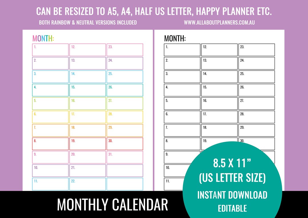Editable Printable Monthly Calendar Planner Insert Refill Goals Monday ...