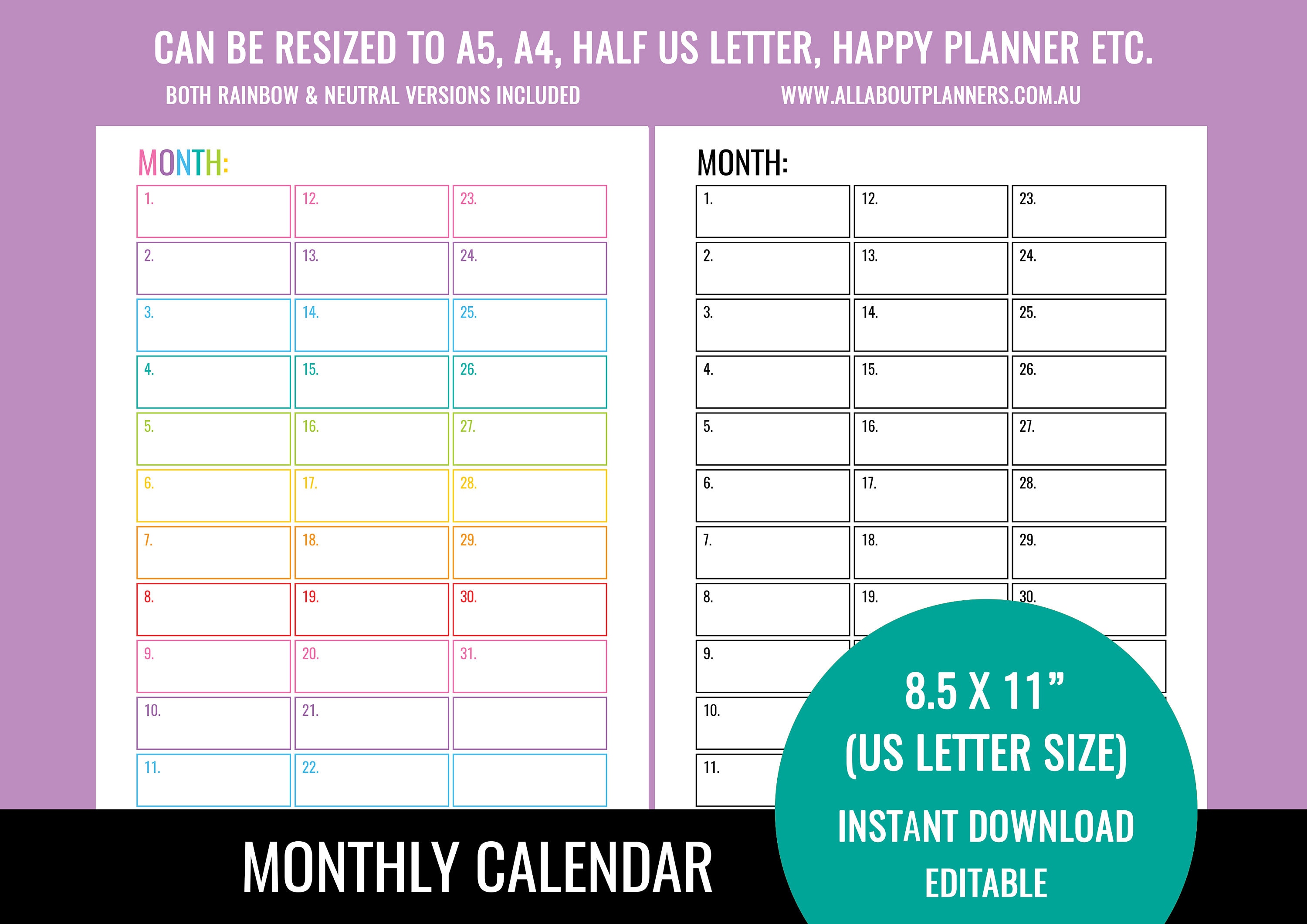 Editable Printable Monthly Calendar Planner Insert Refill Goals Monday ...