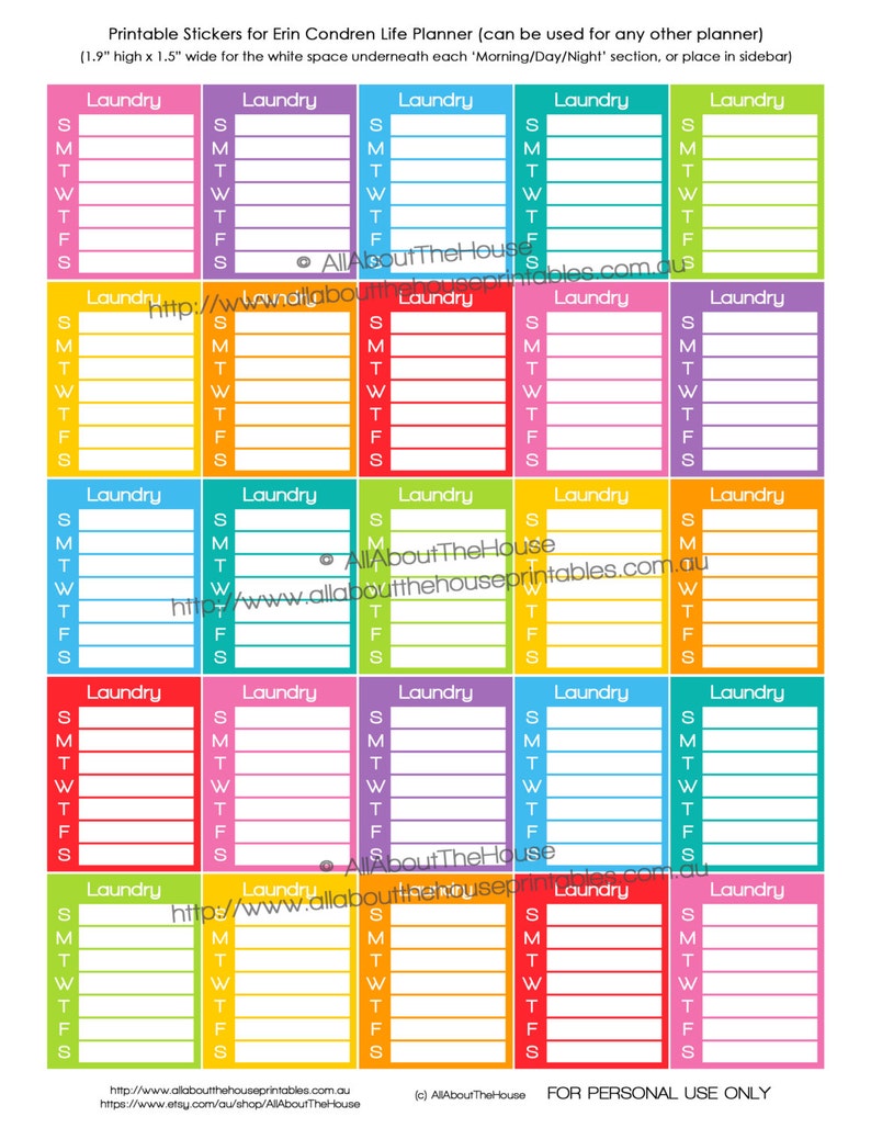 Laundry Stickers Weekly Cleaning Routine Daily Chores Printable Calendar Stickers Full Box or Sidebar made for Erin Condren, Plum Paper etc. image 1