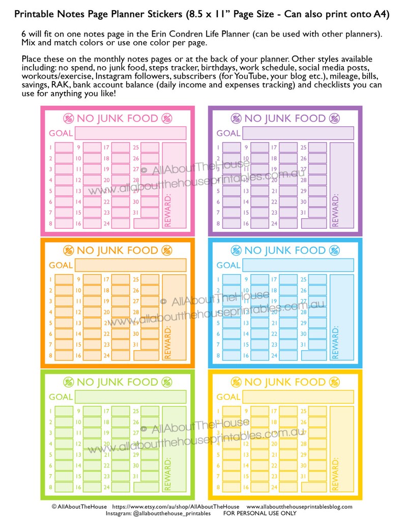 No junk food planner stickers notes page Printable healthy eating meal planning ECLP Rainbow monthly tracker happy plum paper NPTS8 image 3