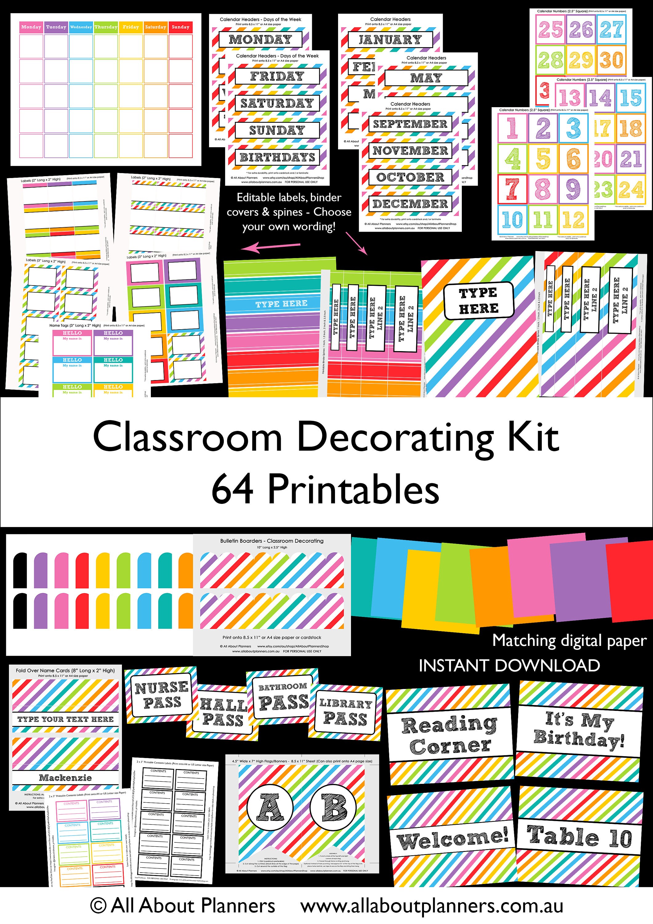 classroom decorating kit printables organization rainbow back etsy
