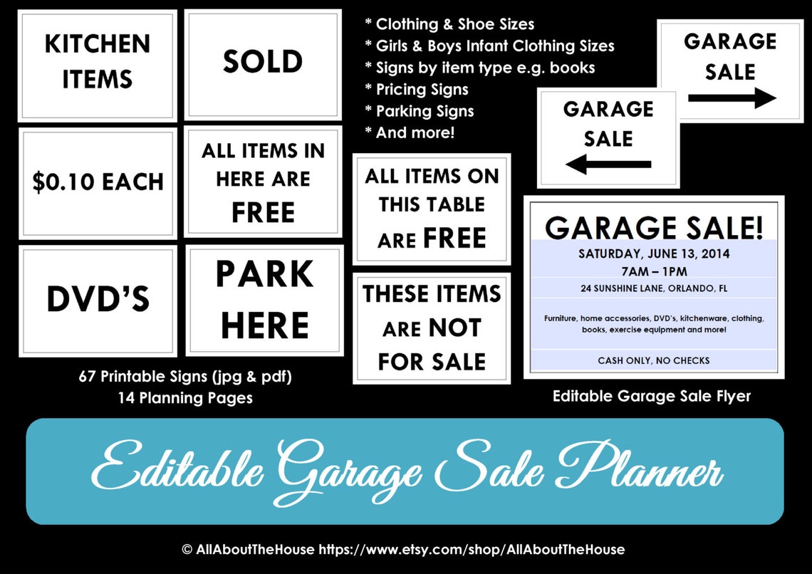 BLACK EDITABLE Garage Sale Planner Yard Sale Organizer Printables ...