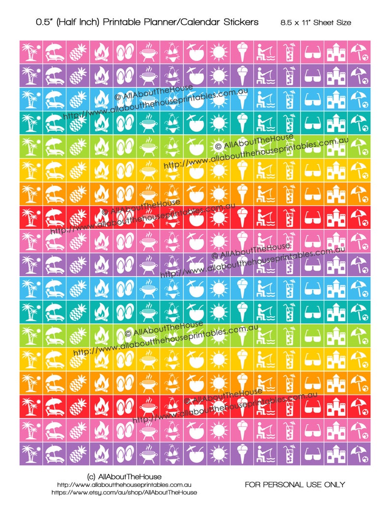 Summer Planner stickers Printable 1/2 Square Rainbow image 1
