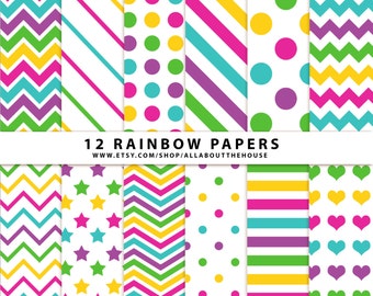 Rainbow Digital Paper 12" x 12" Commercial and Personal Use Allowed - 12 sheets - Chevron, Dots, Stripes, Hearts, Stars