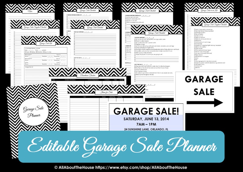 BLACK EDITABLE Garage Sale Planner yard sale Organizer Printables Household Binder Chevron checklist garage sale signs moving planner image 1