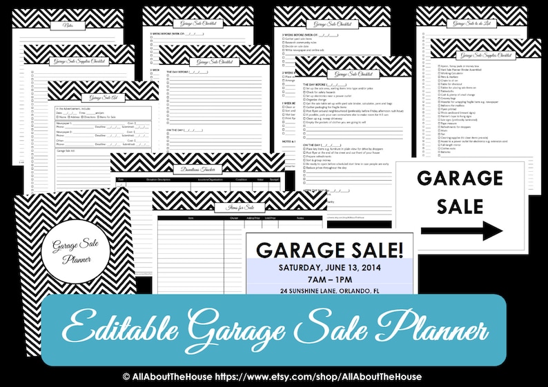 BLACK EDITABLE Garage Sale Planner yard sale Organizer Printables Household Binder Chevron checklist garage sale signs moving planner image 1