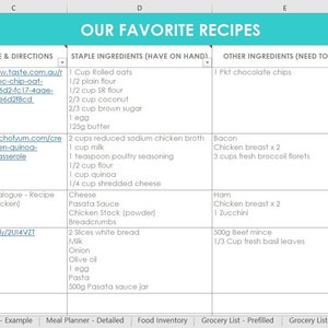 Meal planning excel spreadsheets grocery list food inventory favorite recipes menu plan monthly family google sheets home planner afbeelding 9