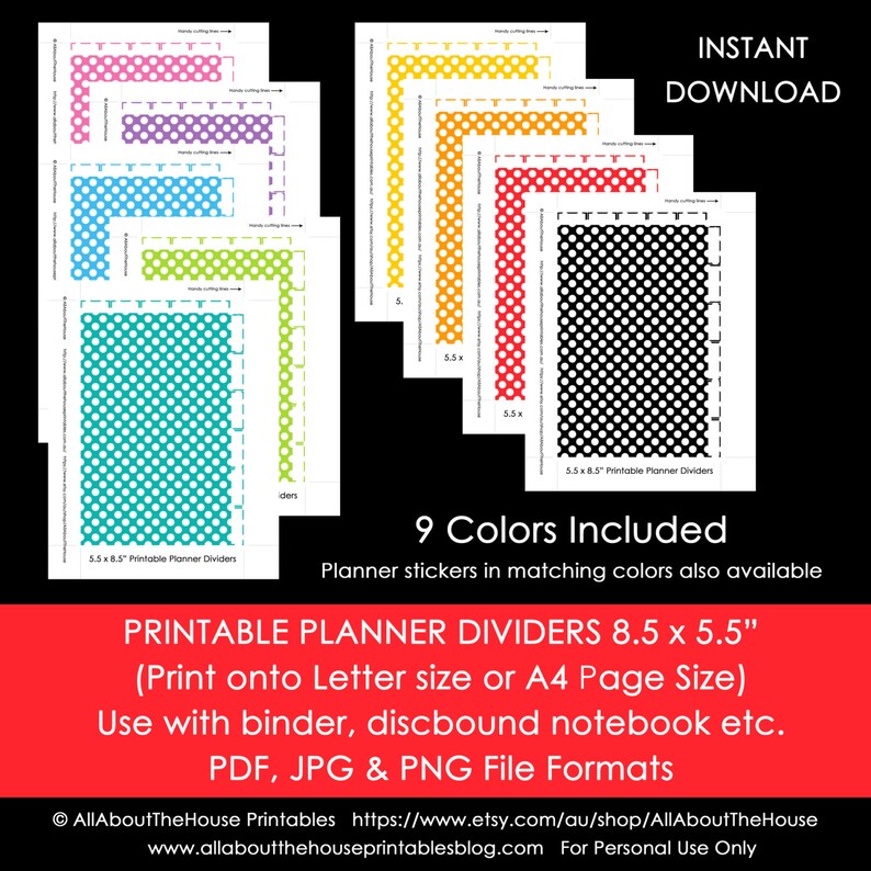 Planner Dividers Half Size Polka Dot Tabbed A5 Junior Arc Printable Binder Cover, planner accessories, rainbow, kikki k, filofax Instant DL image 1