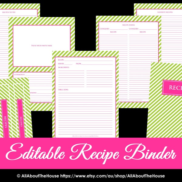 EDITABLE Recipe Binder Printables Recipe Sheet Recipe Card Recipes to Try Template PDF Editable Binder Cover Spine Favorite Recipes Preppy