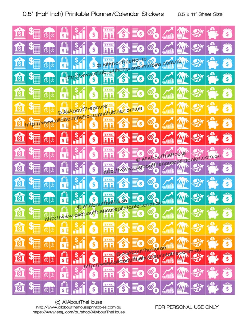 Money planner stickers icon bills payday mortgage student loan reminder Printable Rainbow Planner made for Erin Condren any planner HIS073 image 1